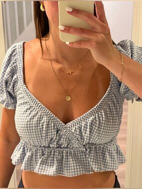 Forever 21 Blue Gingham Tie-Front Puff Sleeve Crop Top